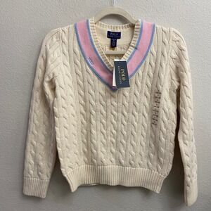 Polo Ralph Lauren Girl L Cream Cricket Cable Knit V Neck Sweater Cotton/Cashmere